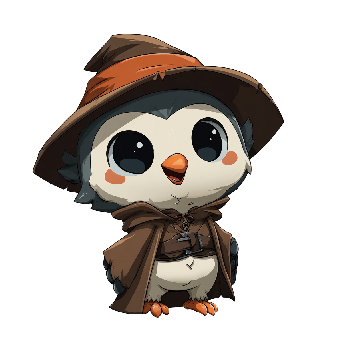 Owl in a hat and cloak, grey and brown, vector clipart.