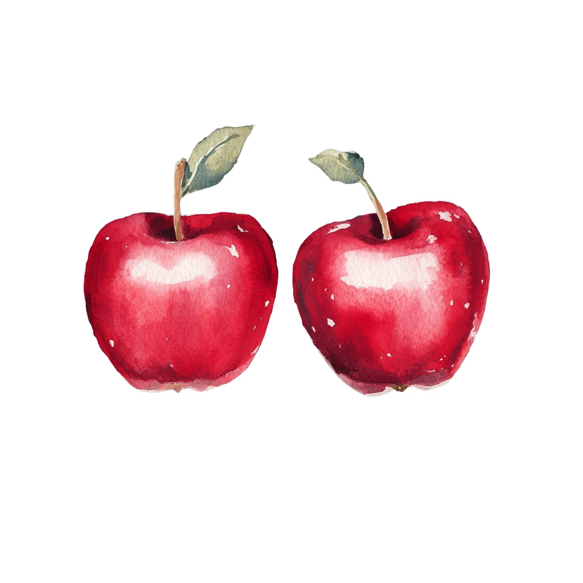 Two red apples with green leaves.
