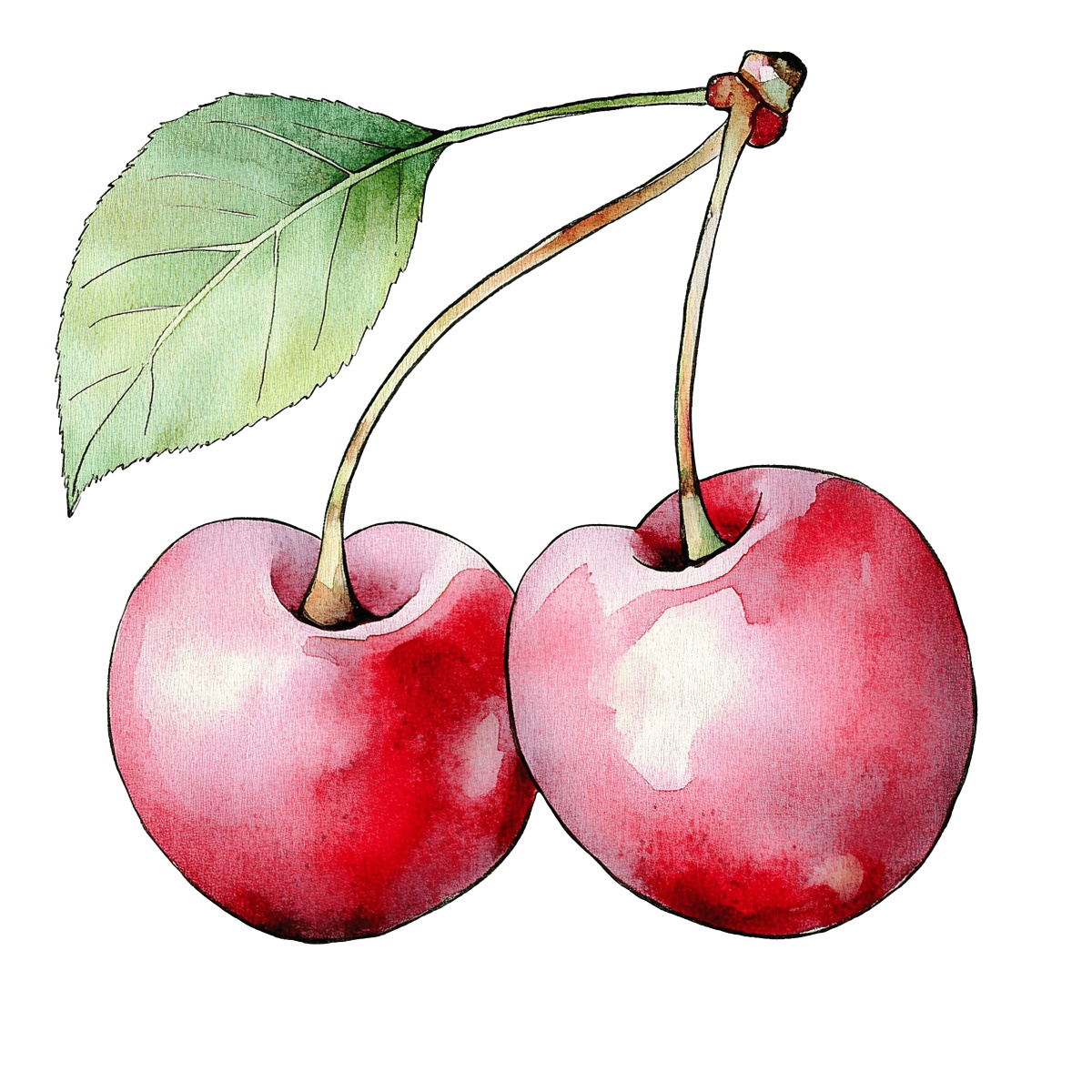 Two red cherries with a green leaf.