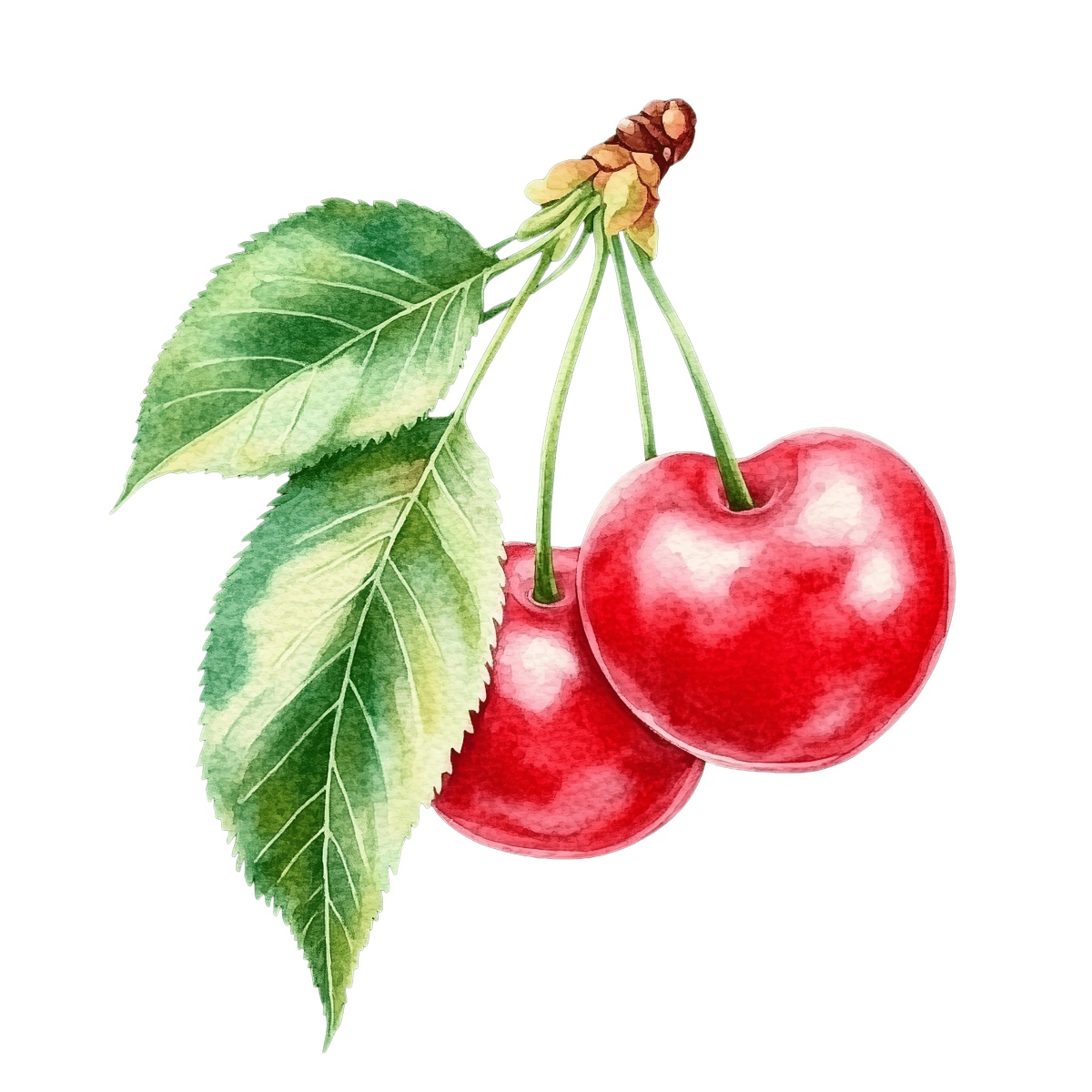 Two red cherries with green leaves.