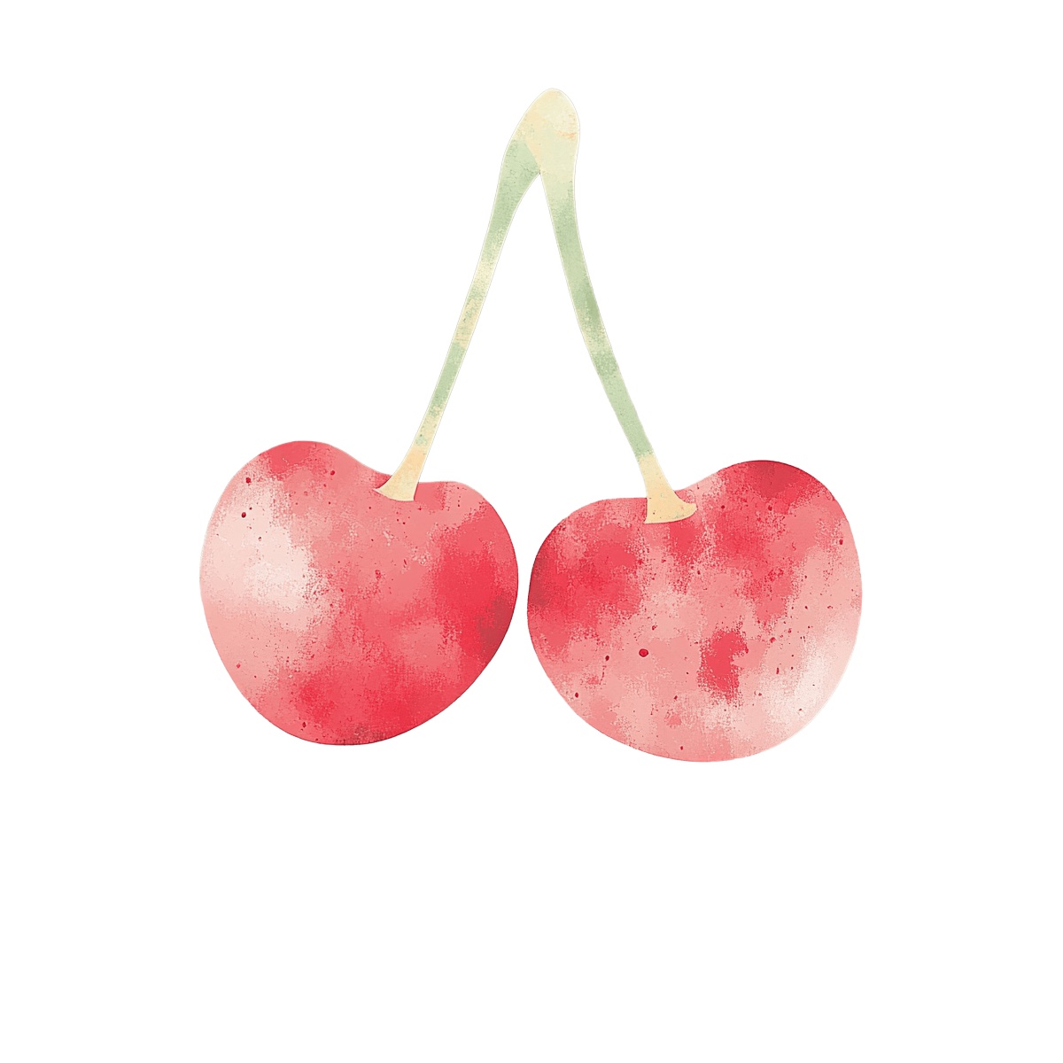 Two red cherries with stems.