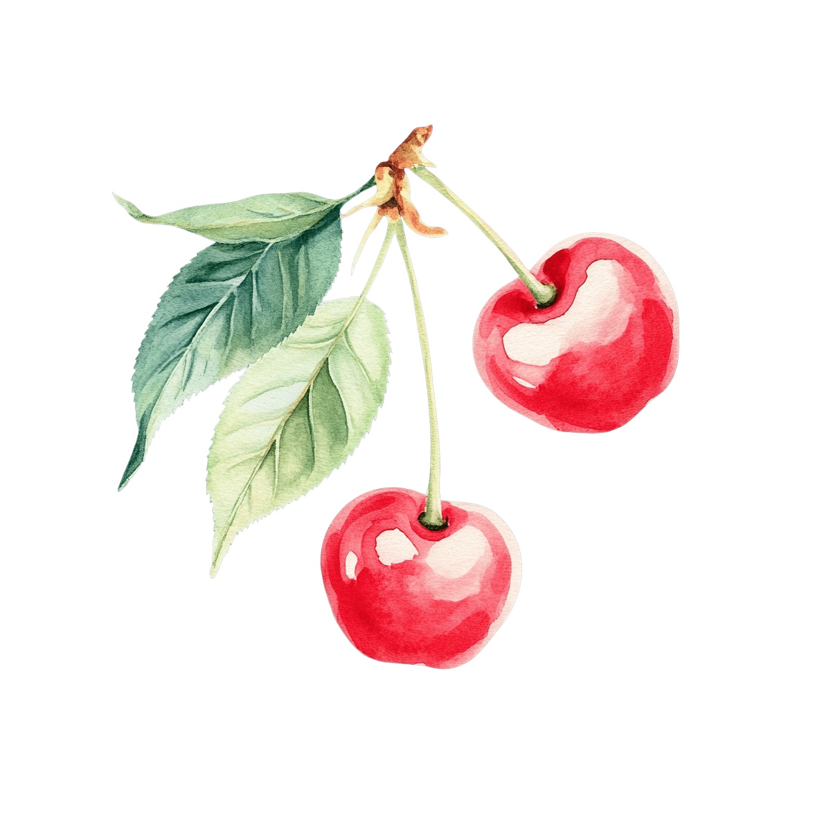 Two red cherries with green leaves.