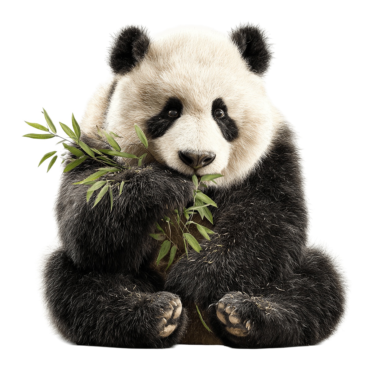 Cute panda bear holding bamboo leaves