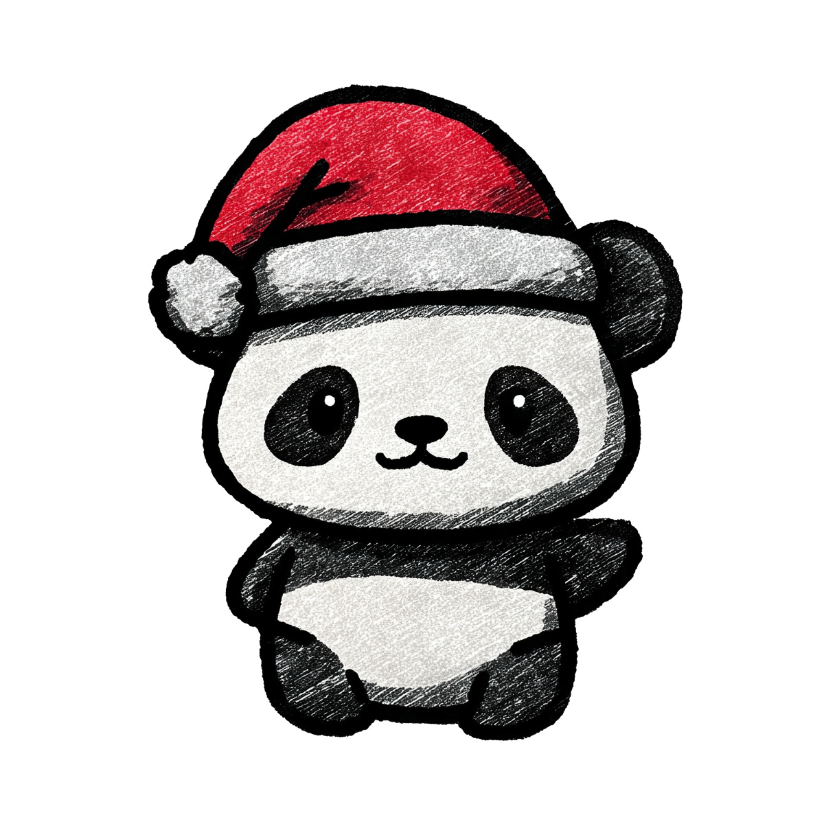 Panda with black and white fur wearing a red Santa hat in clipart style.