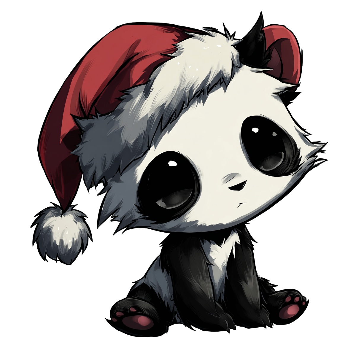 Panda wearing a red Santa hat, black and white fur, sitting.