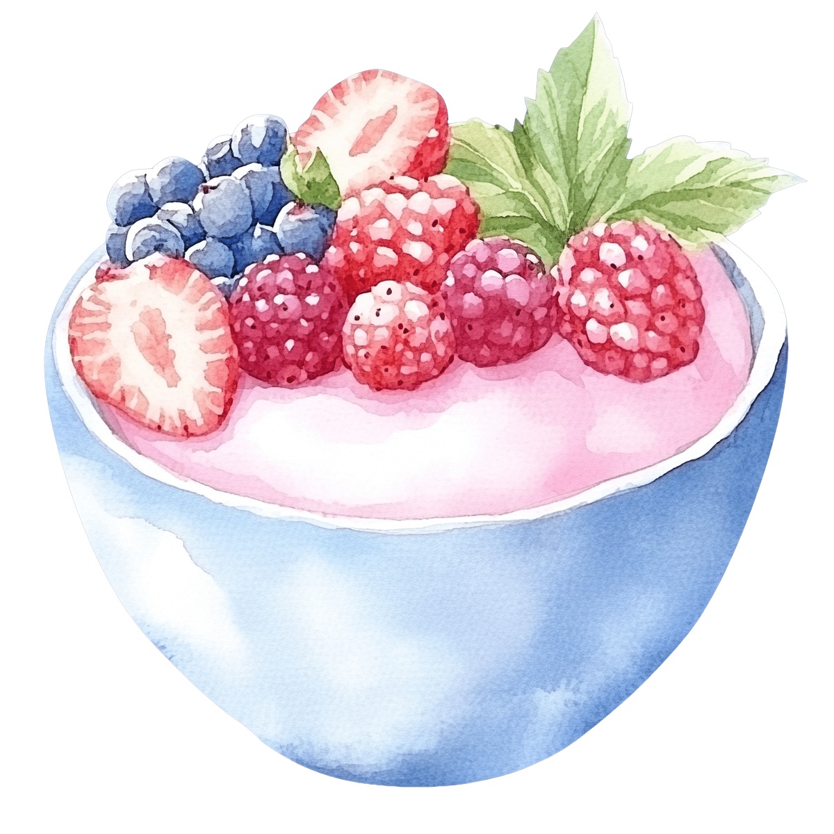 Panna cotta dessert with fresh strawberries, raspberries, and blueberries in a blue bowl.