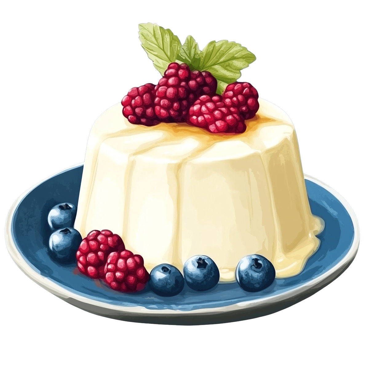 Panna cotta dessert garnished with raspberries and blueberries on a plate.