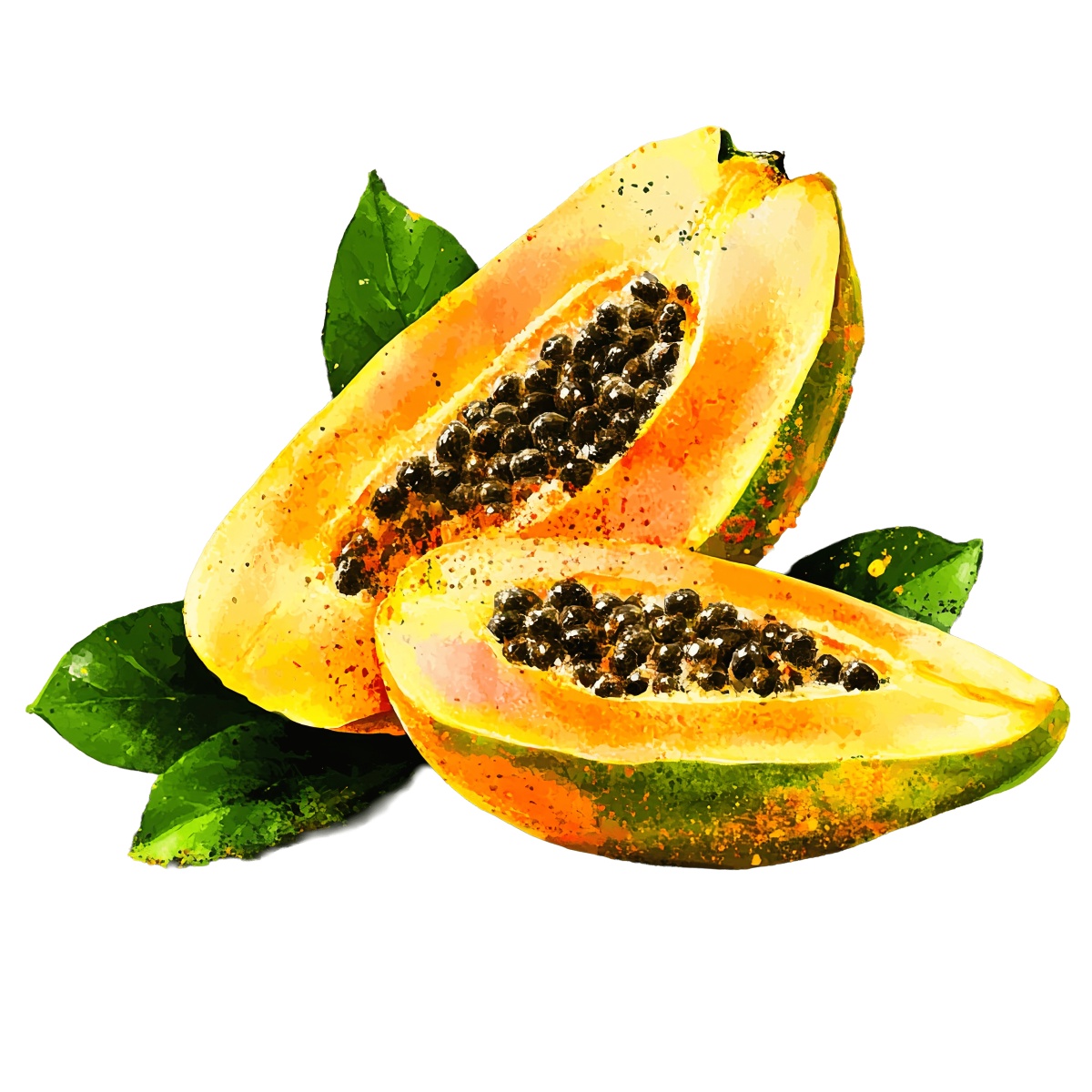 Papaya halves with seeds and green leaves in a colorful clipart style.