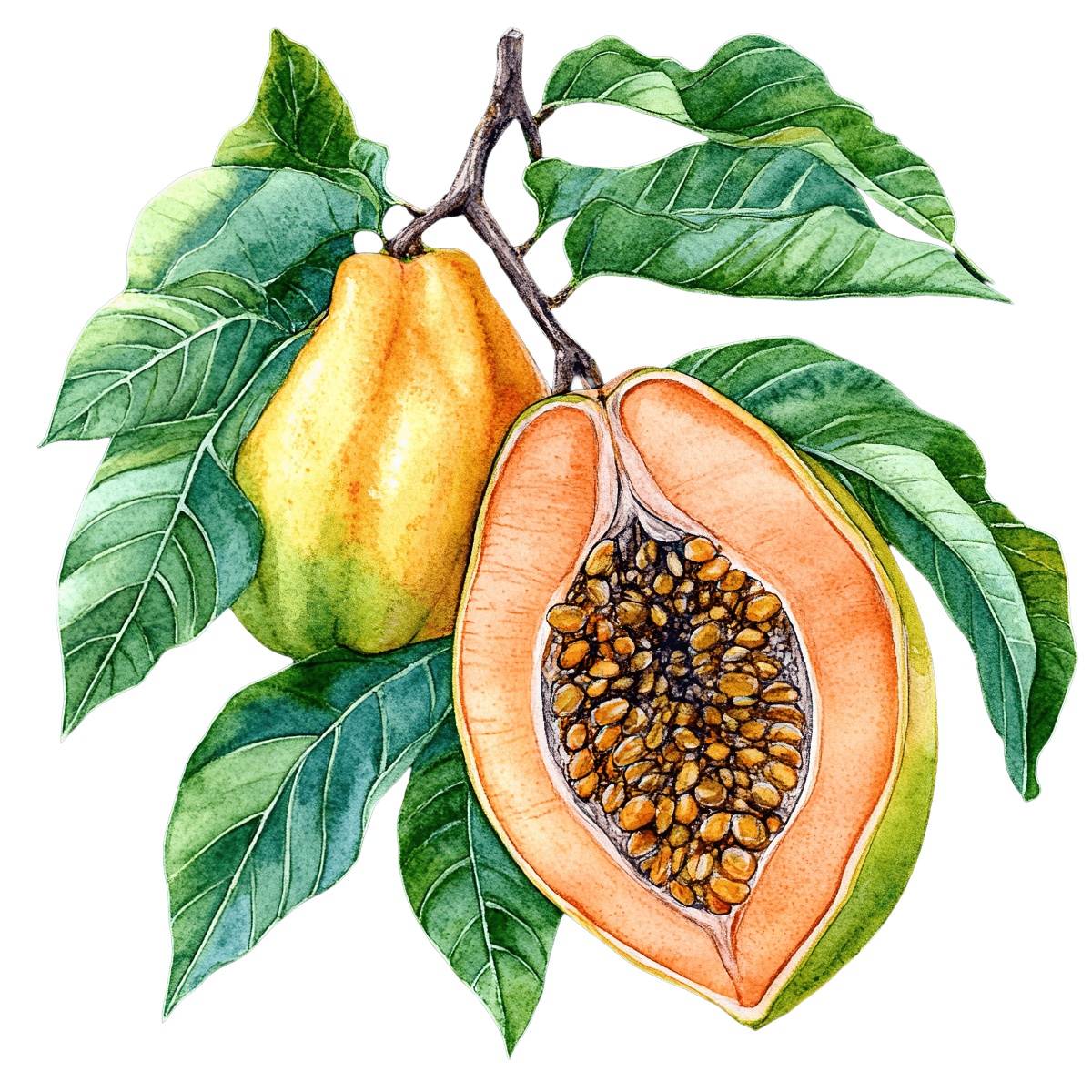 Papaya fruit with leaves and seeds in a detailed clipart style.