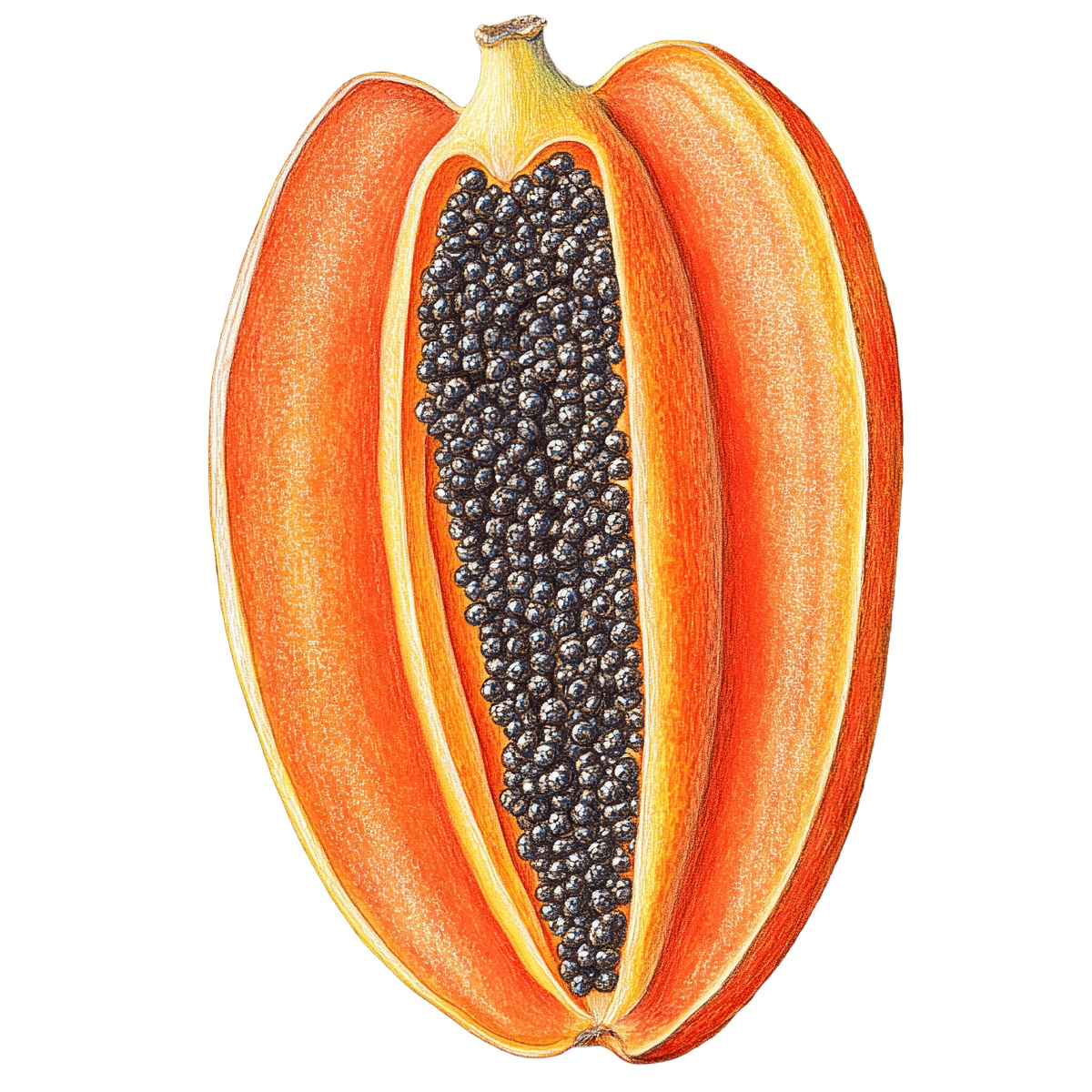 Papaya fruit cut open showing black seeds in clipart style.