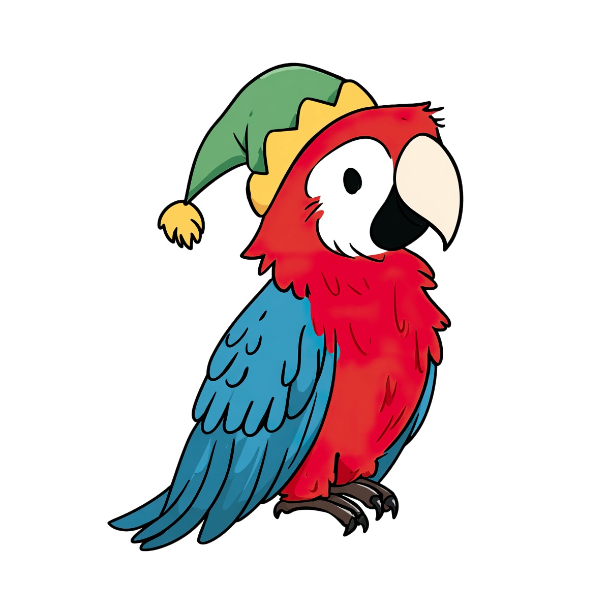 Parrot with red feathers and green hat featuring yellow pom-pom.