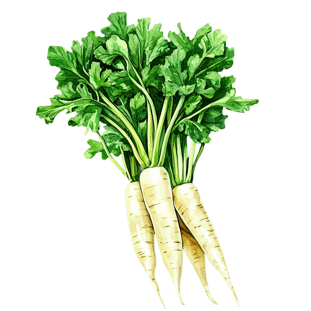 Parsnip roots with green leaves in a detailed clipart style.