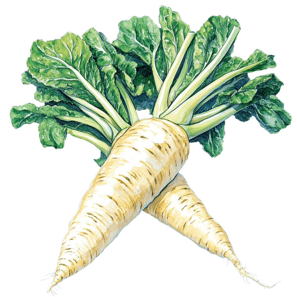 Parsnips with green leaves in a detailed clipart style.