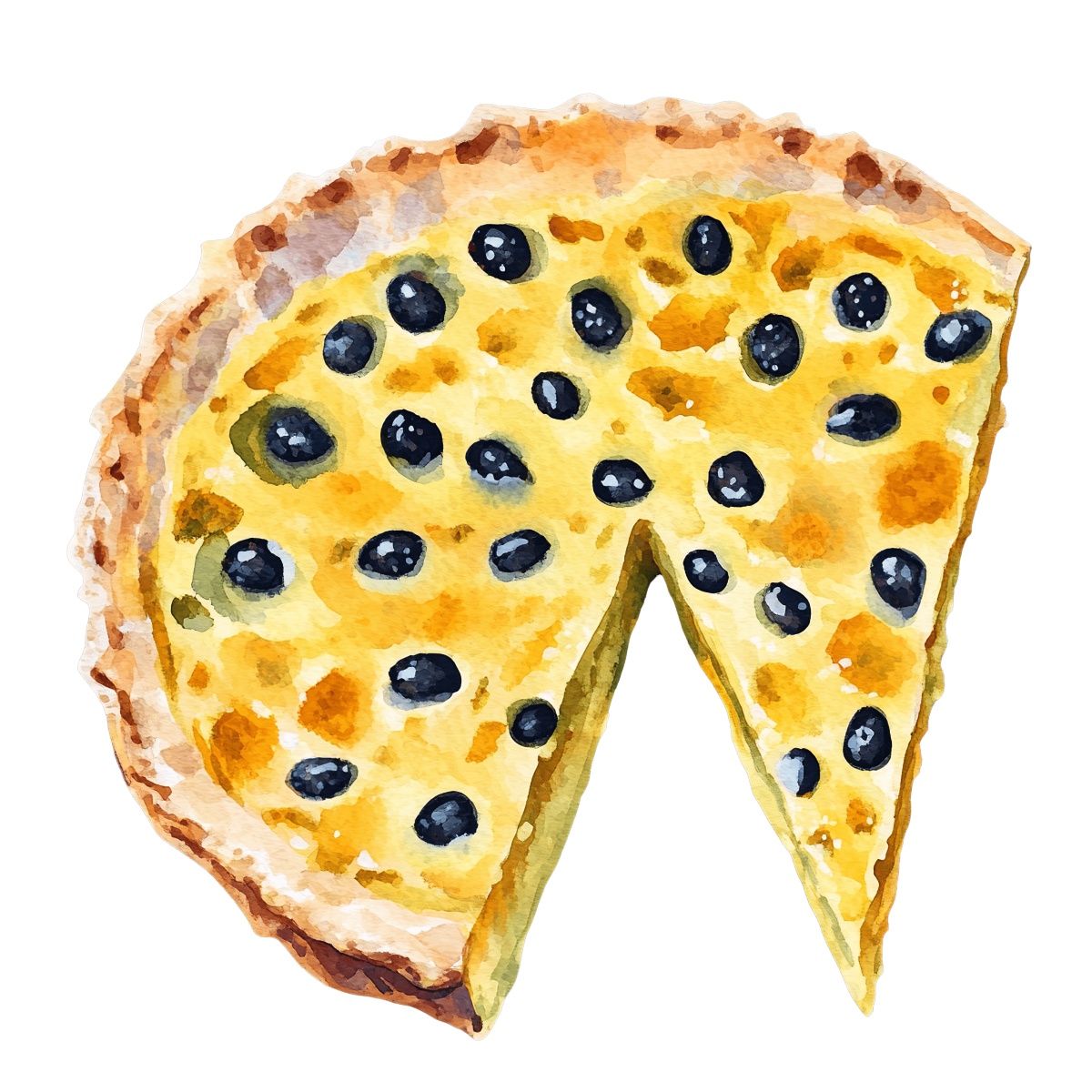 Passionfruit cheesecake with blueberries and a slice missing, watercolor style.