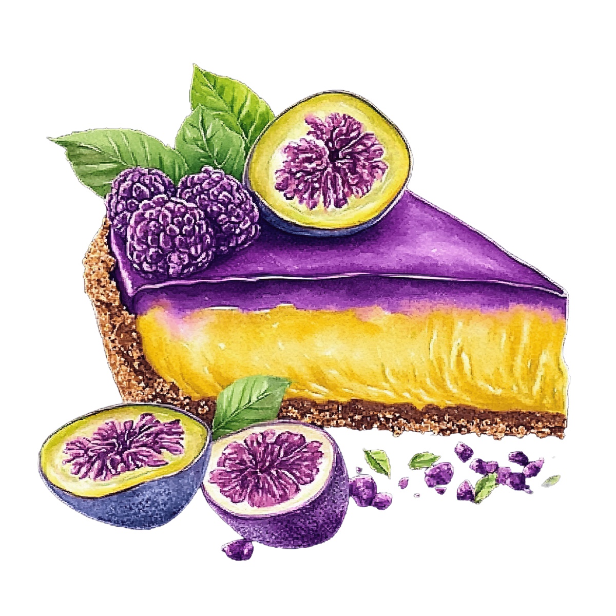 Passionfruit cheesecake slice with berries and leaves on top.