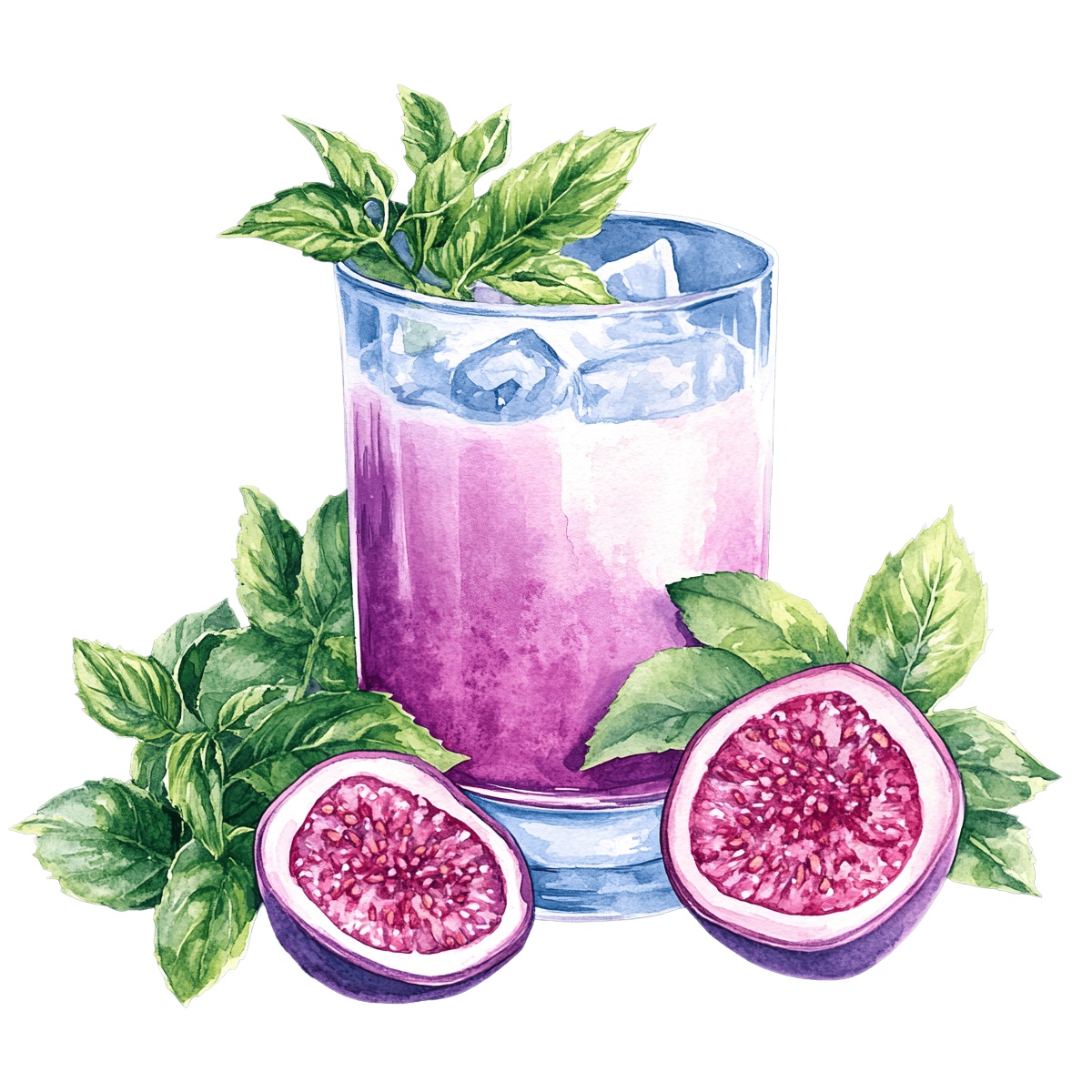 Passionfruit drink in a glass with ice and mint leaves.