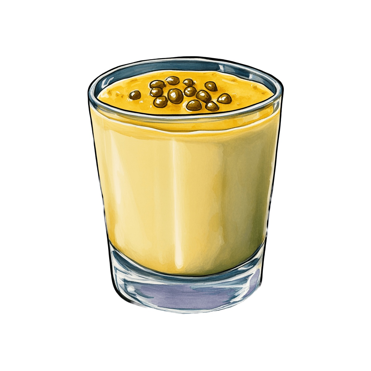 Passionfruit panna cotta in a glass with seeds on top.