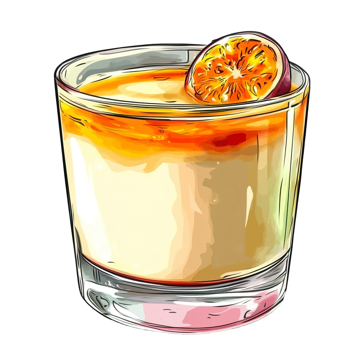 Passionfruit panna cotta in a glass with a fruit slice on top.