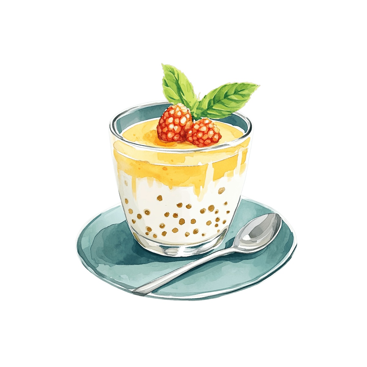 Passionfruit panna cotta in a glass with raspberries and mint on a plate.