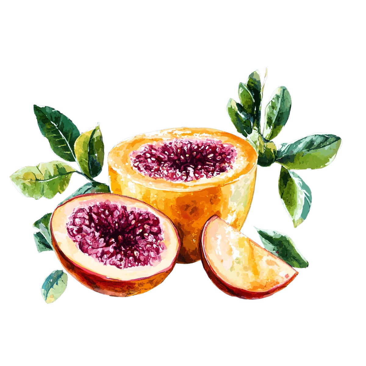 Passionfruit with slices and leaves depicted in watercolor style.