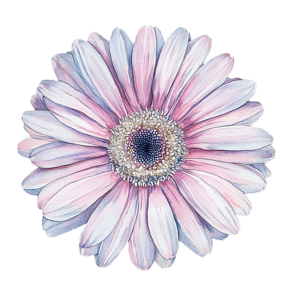 Pink Gerbera daisy with detailed watercolor petals on a black background.