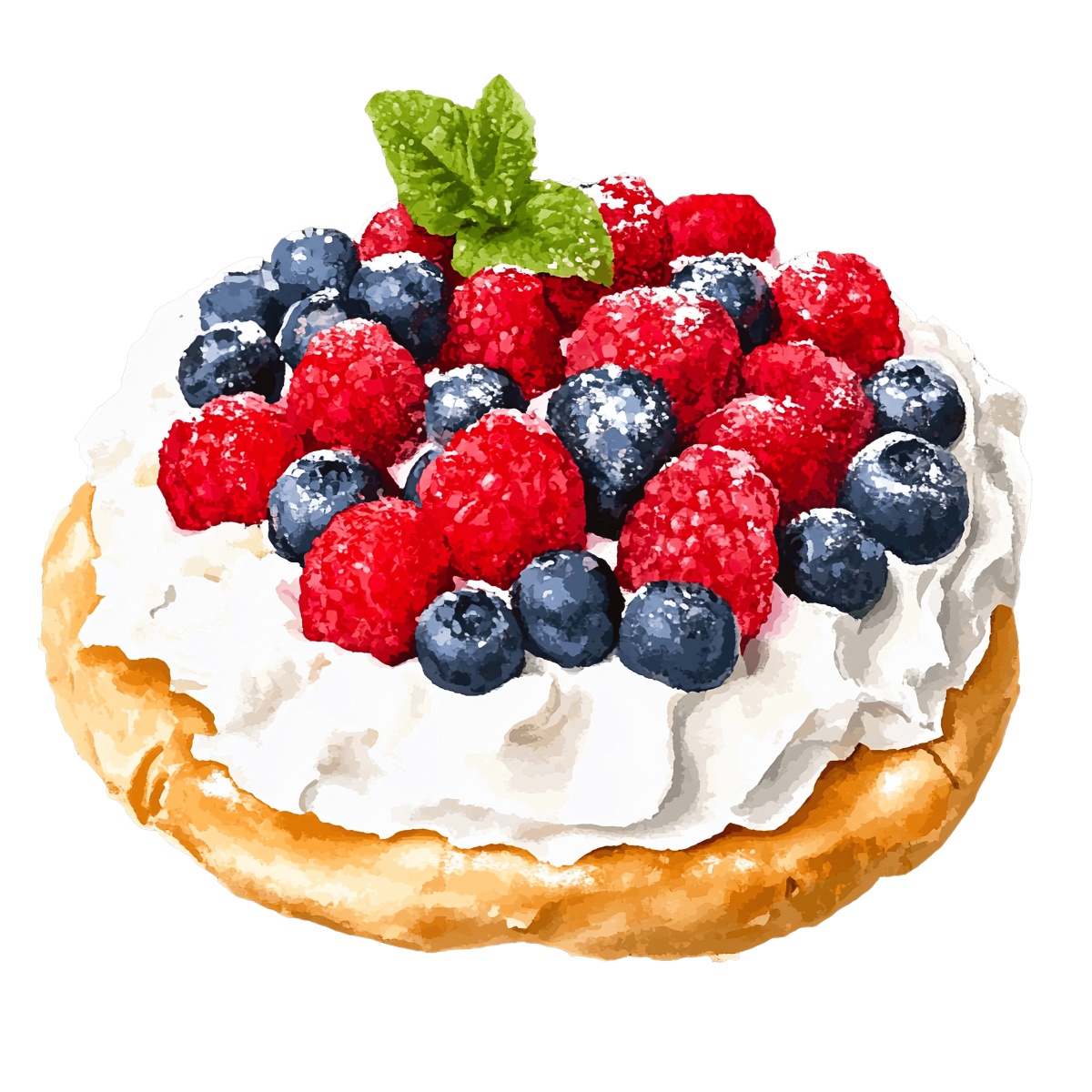 Pavlova dessert with whipped cream, raspberries, blueberries, and mint leaves on top.