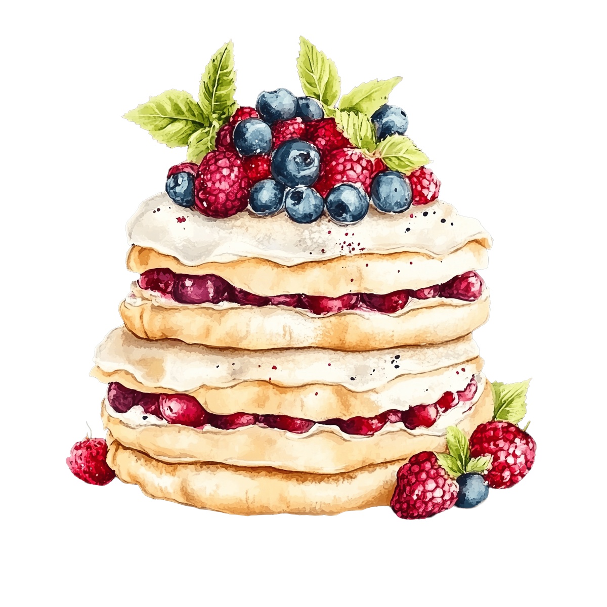 Pavlova dessert with layers of whipped cream and fresh berries.