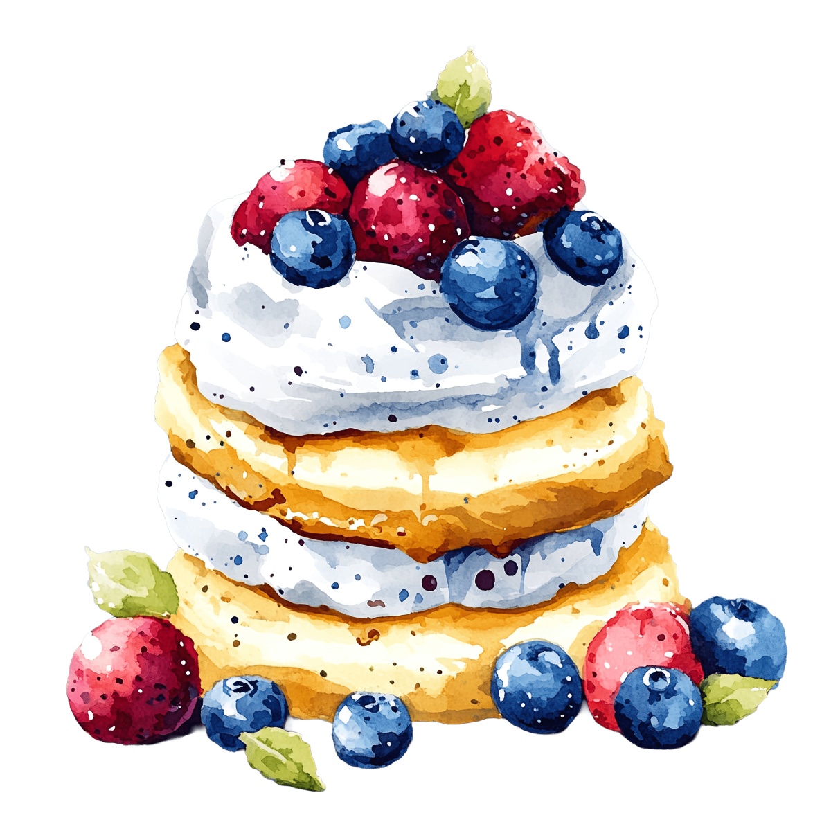 Pavlova dessert topped with cream, blueberries, and raspberries.