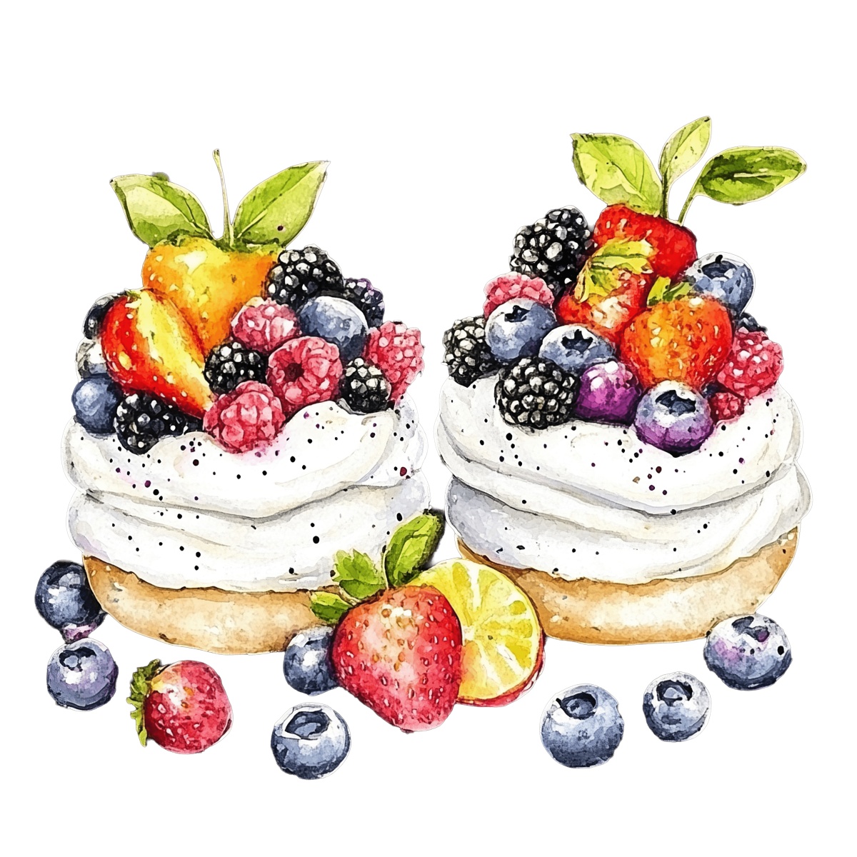 Pavlova desserts with mixed berries including strawberries and blueberries.