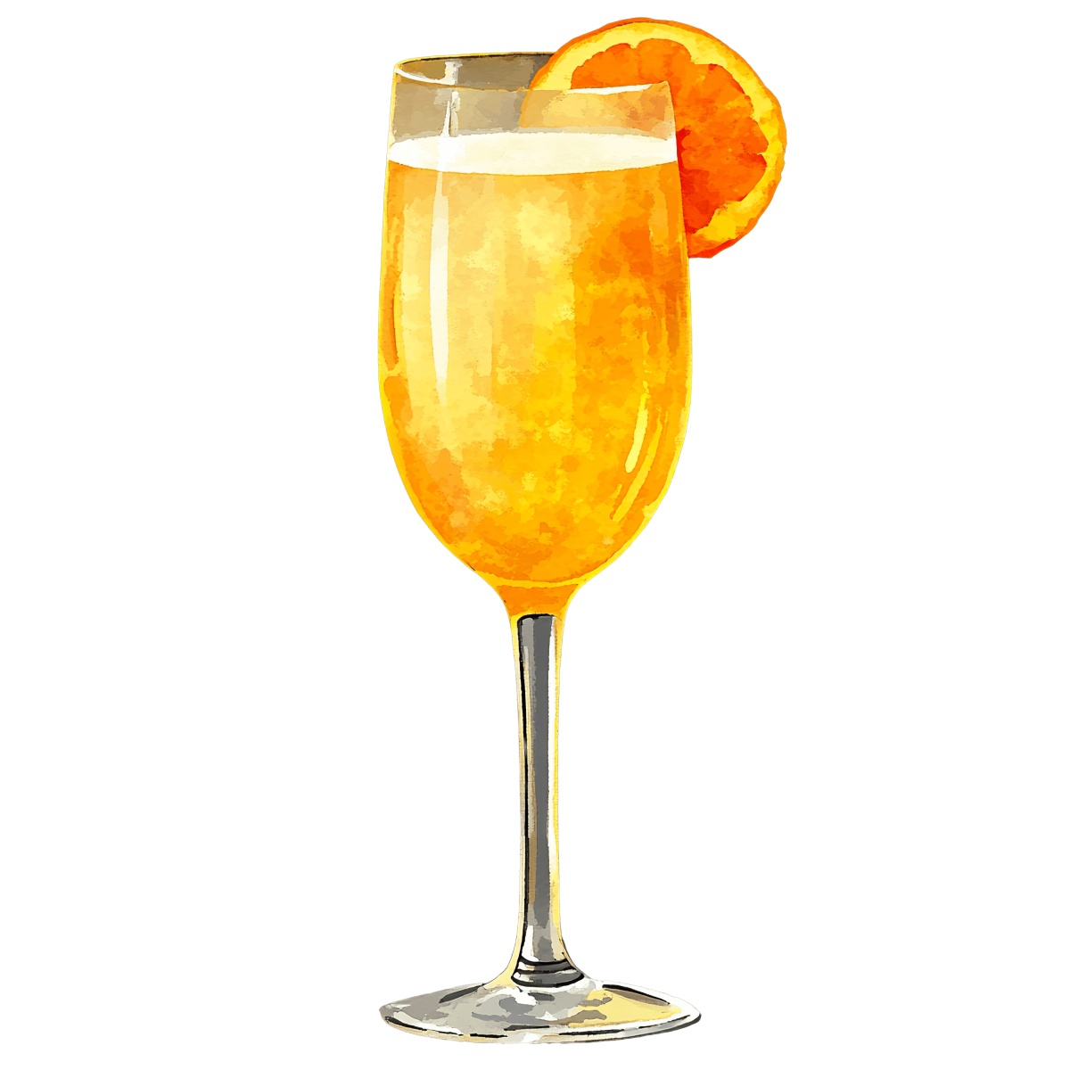Peach Bellini cocktail in a champagne flute with an orange slice garnish.