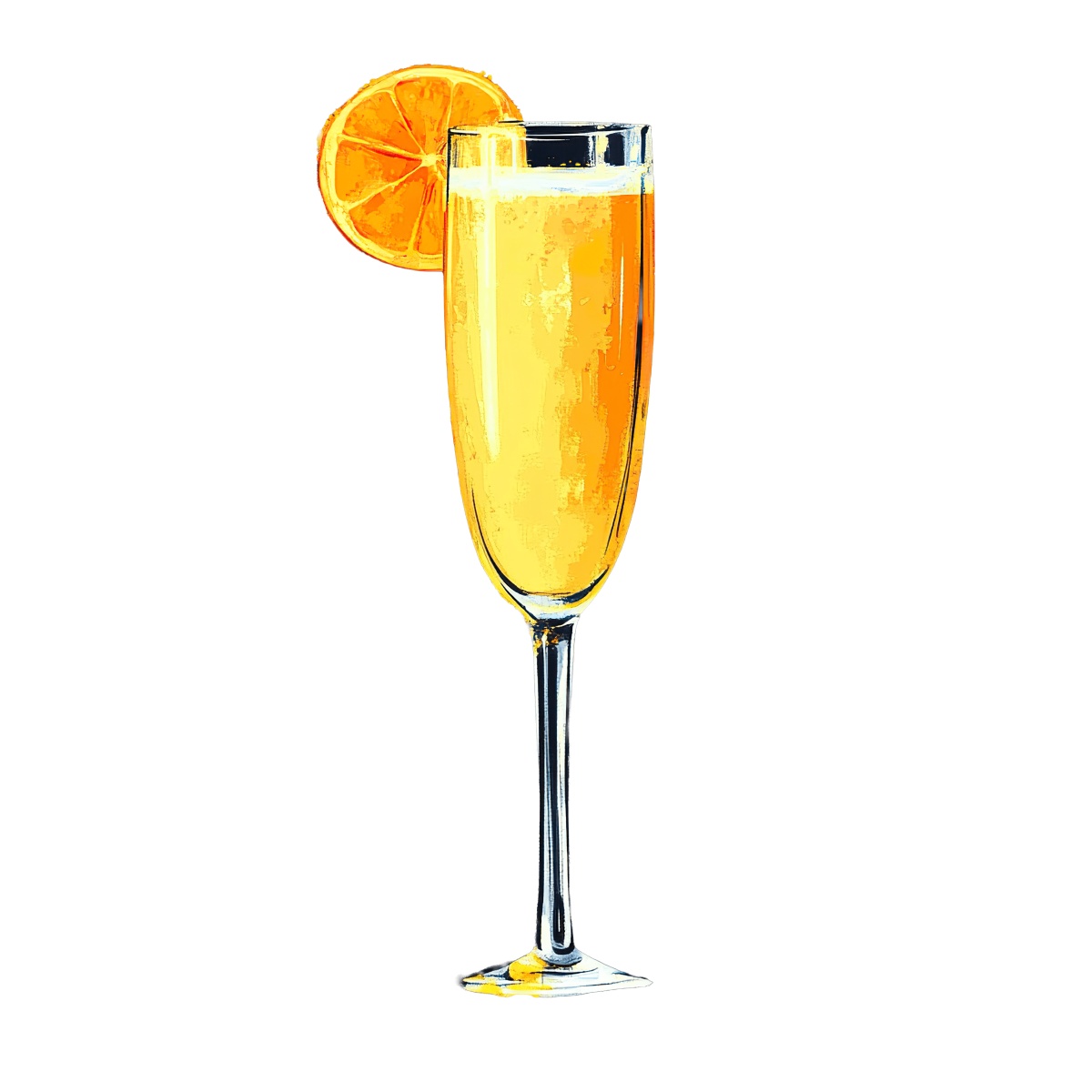 Peach Bellini cocktail in a flute glass with an orange slice garnish.