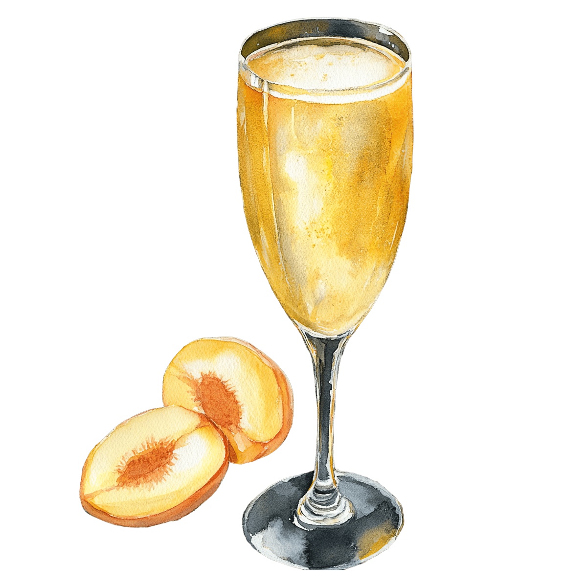 Peach Bellini cocktail in a glass with fresh peach slices around it.