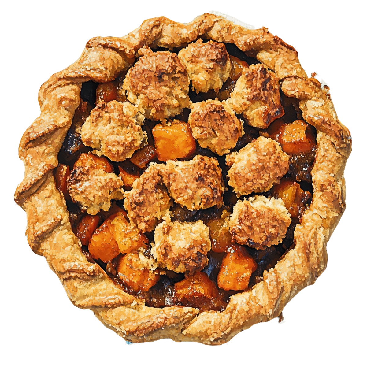 Peach cobbler pie with a golden crust and crumbly topping.