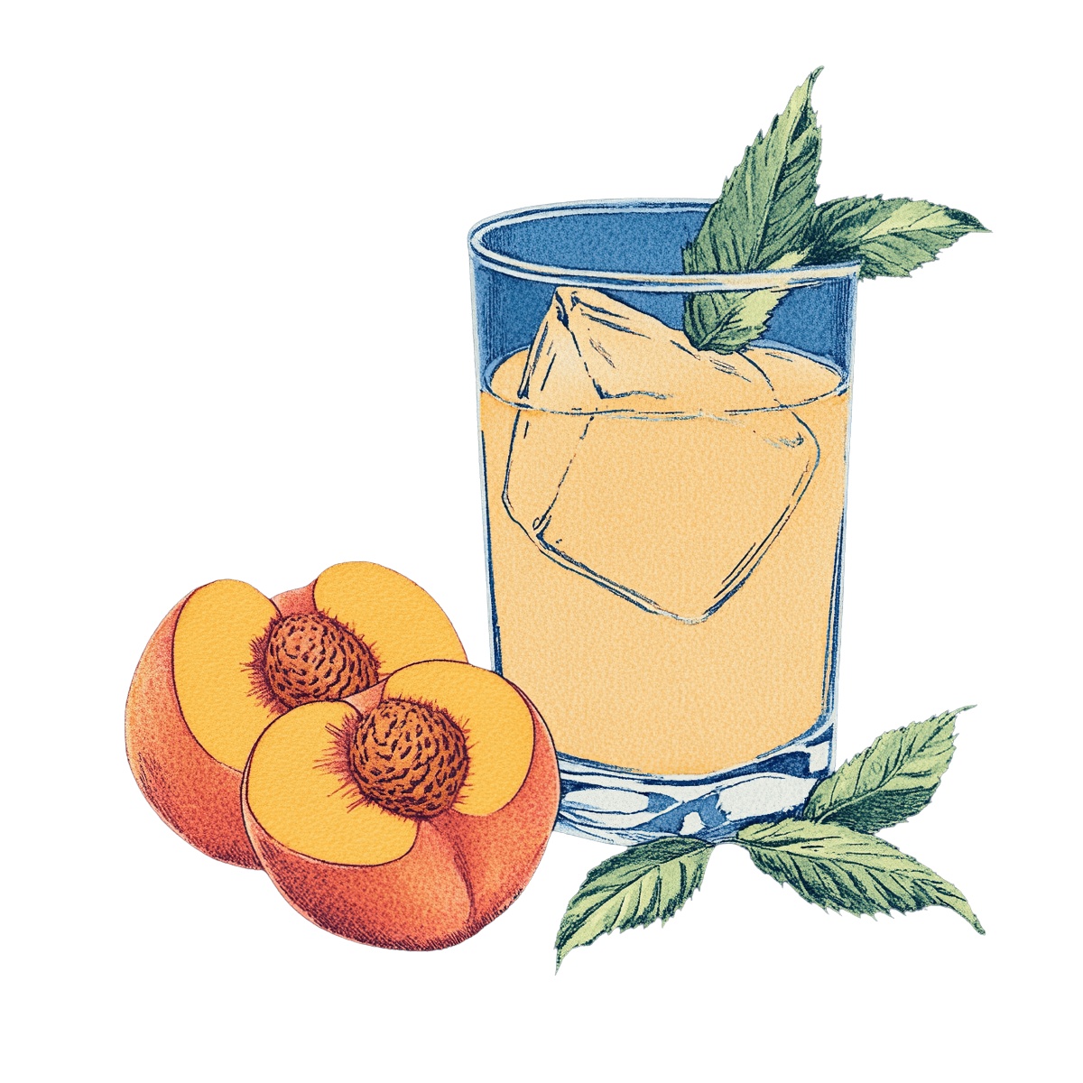 Glass of peach iced tea with ice cubes, fresh peaches, and mint leaves.