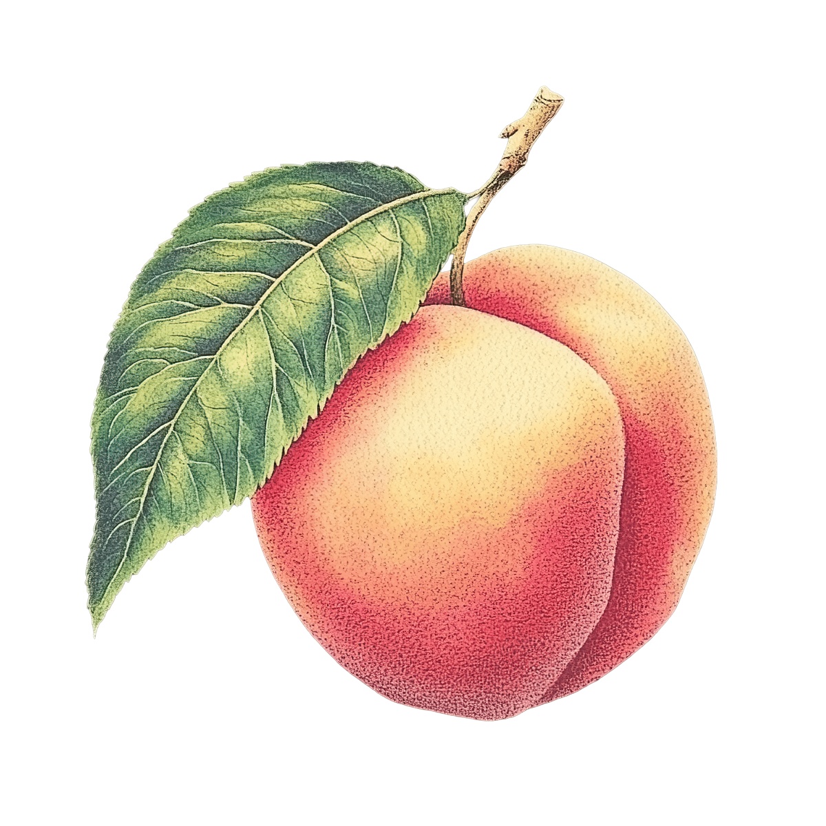Detailed clipart of a peach with a green leaf attached.