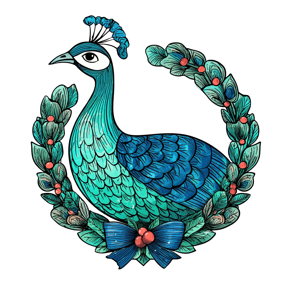 Peacock with blue and green feathers surrounded by leafy wreath and bow.