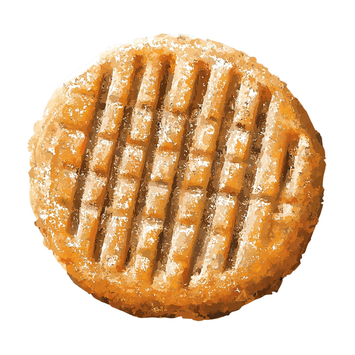 Peanut butter cookie with a crisscross textured surface pattern.