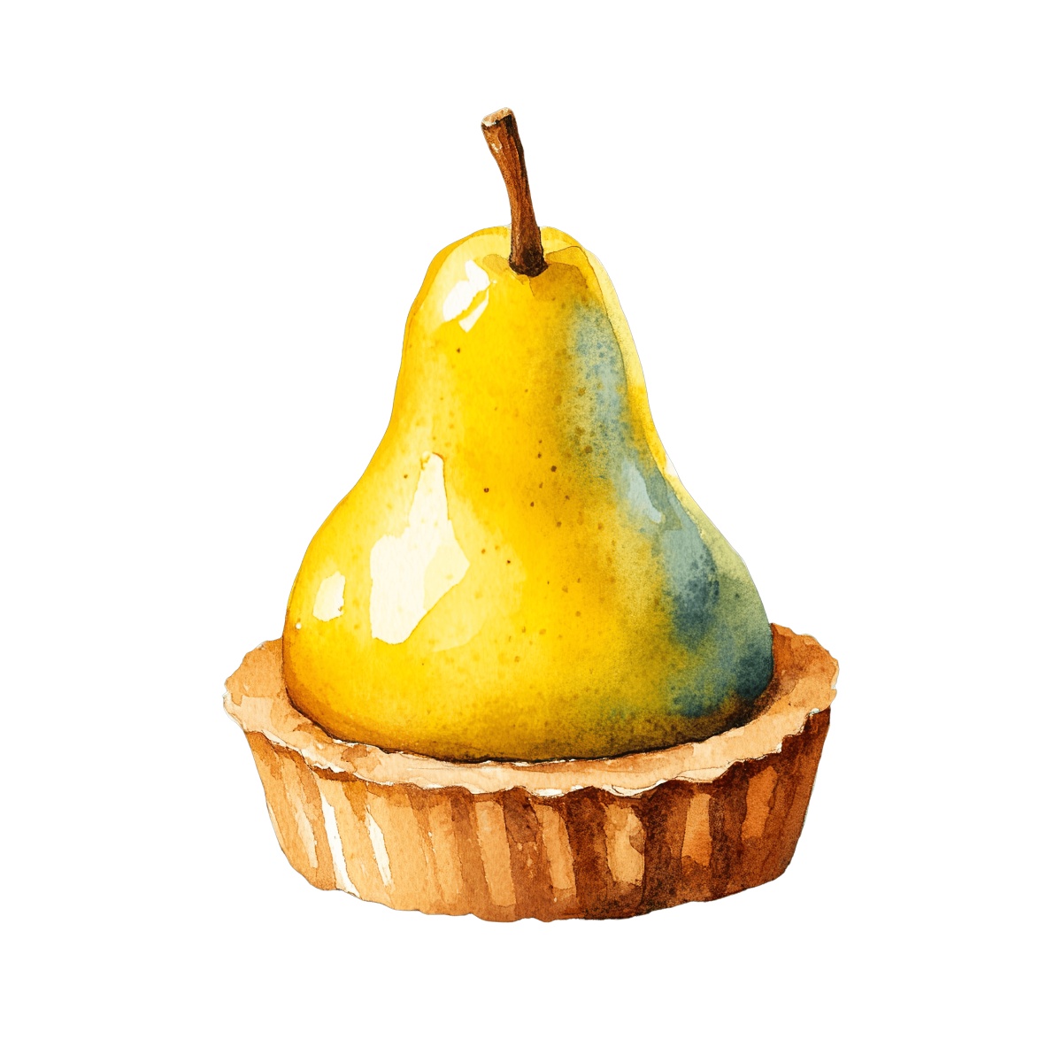 Watercolor style pear tart with almond base.