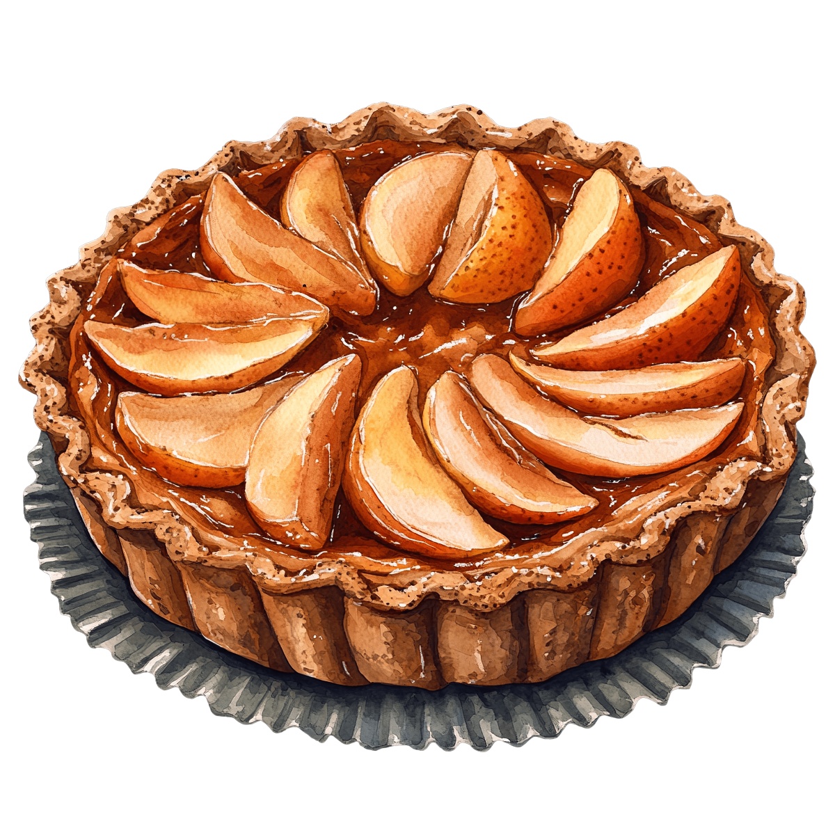 Pear tart with sliced fruit and a glossy glazed topping.