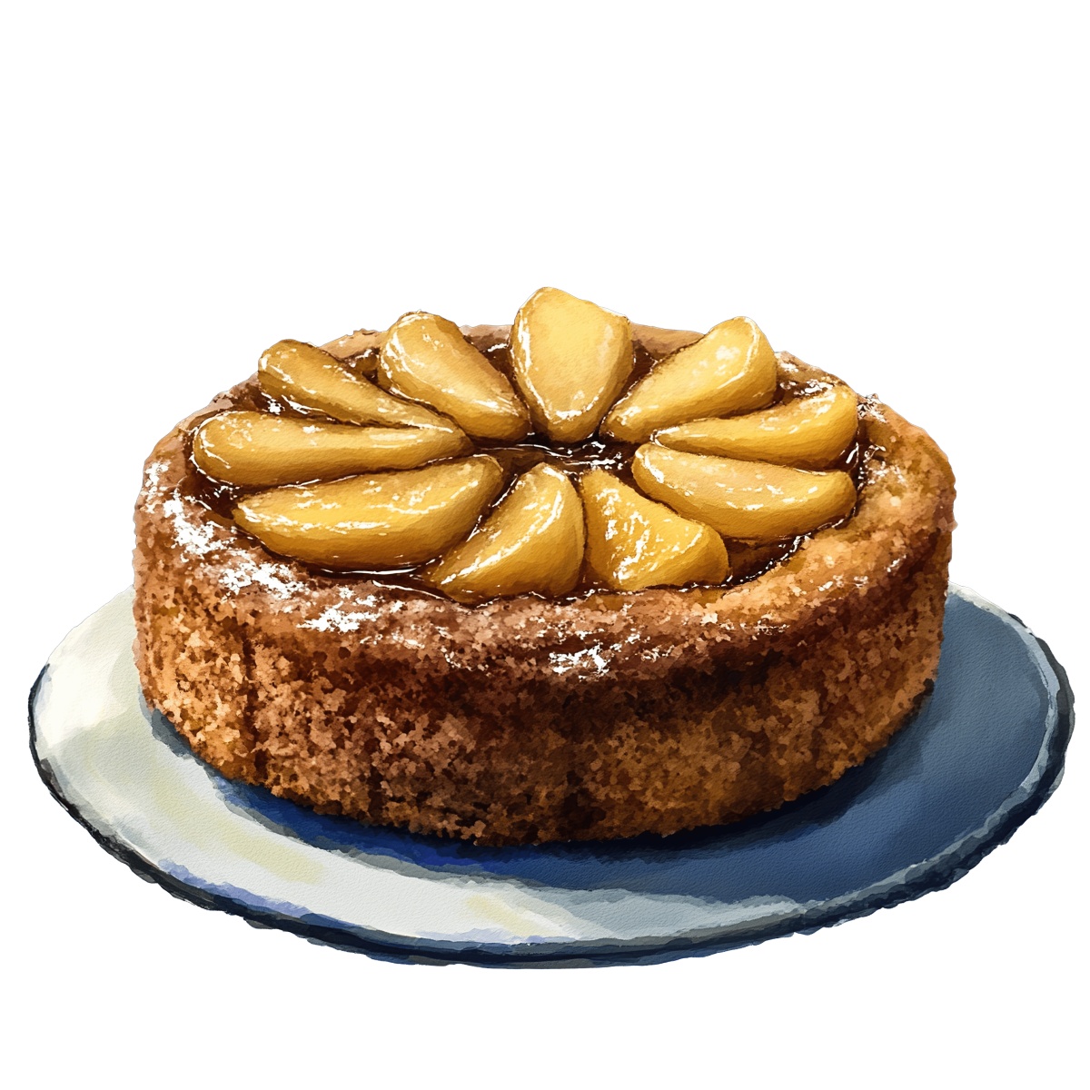 Pear slices arranged on a round cake with a blue plate.