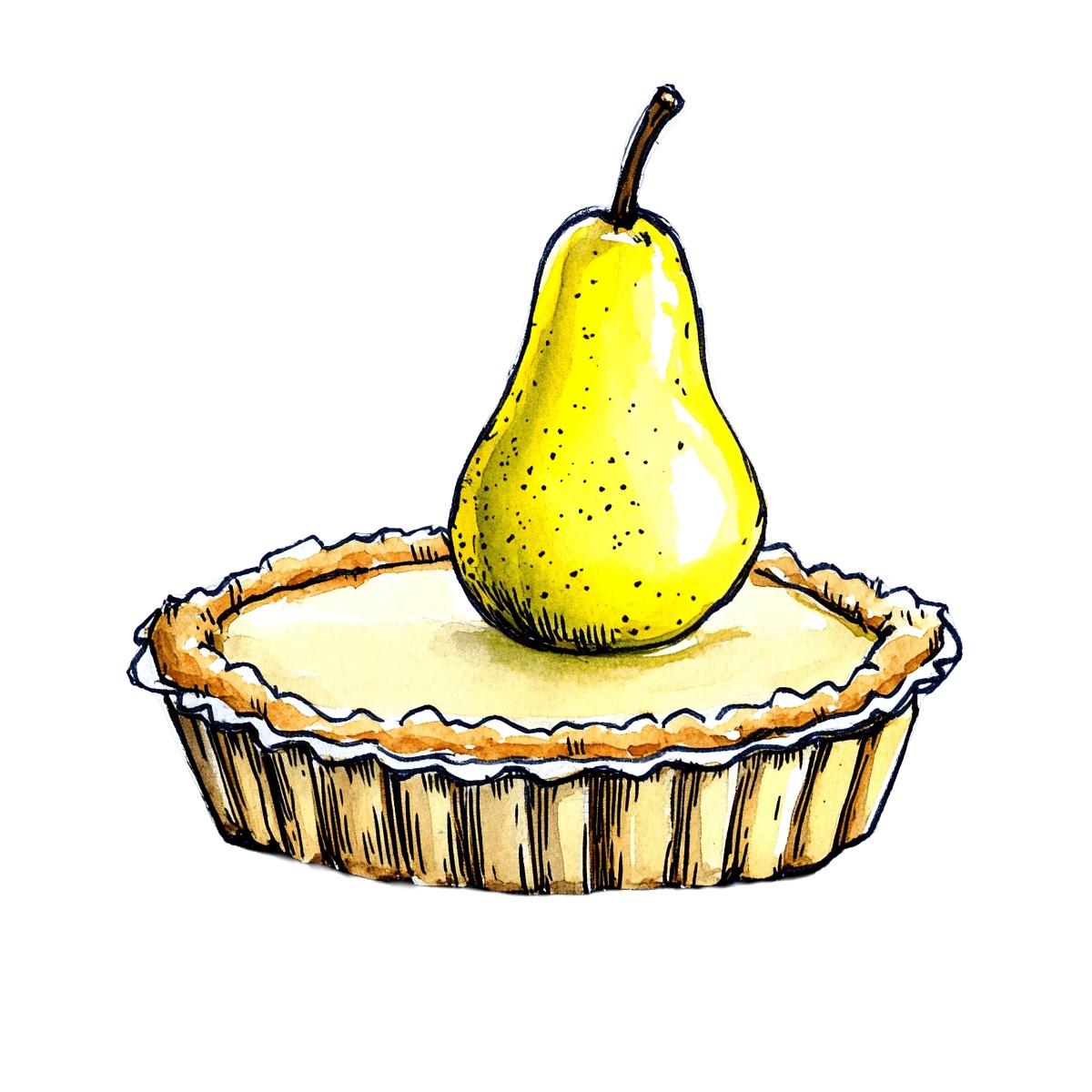 Pear placed on a tart with a detailed crust design.