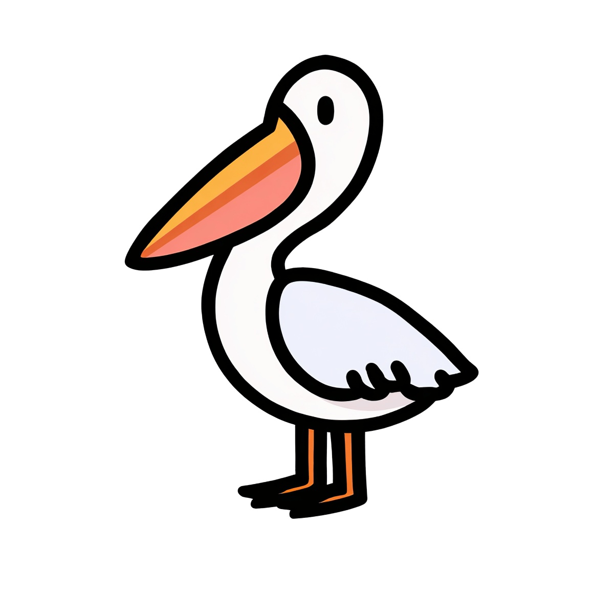 Pelican with an orange beak and white feathers, standing.