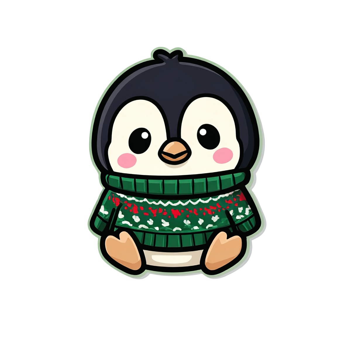 Cartoon penguin in a green sweater with red and white patterns.