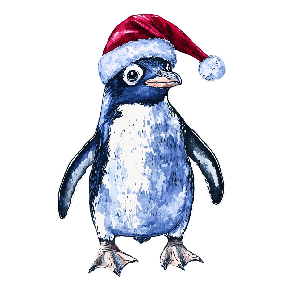 Penguin standing with a red Santa hat on a black background.