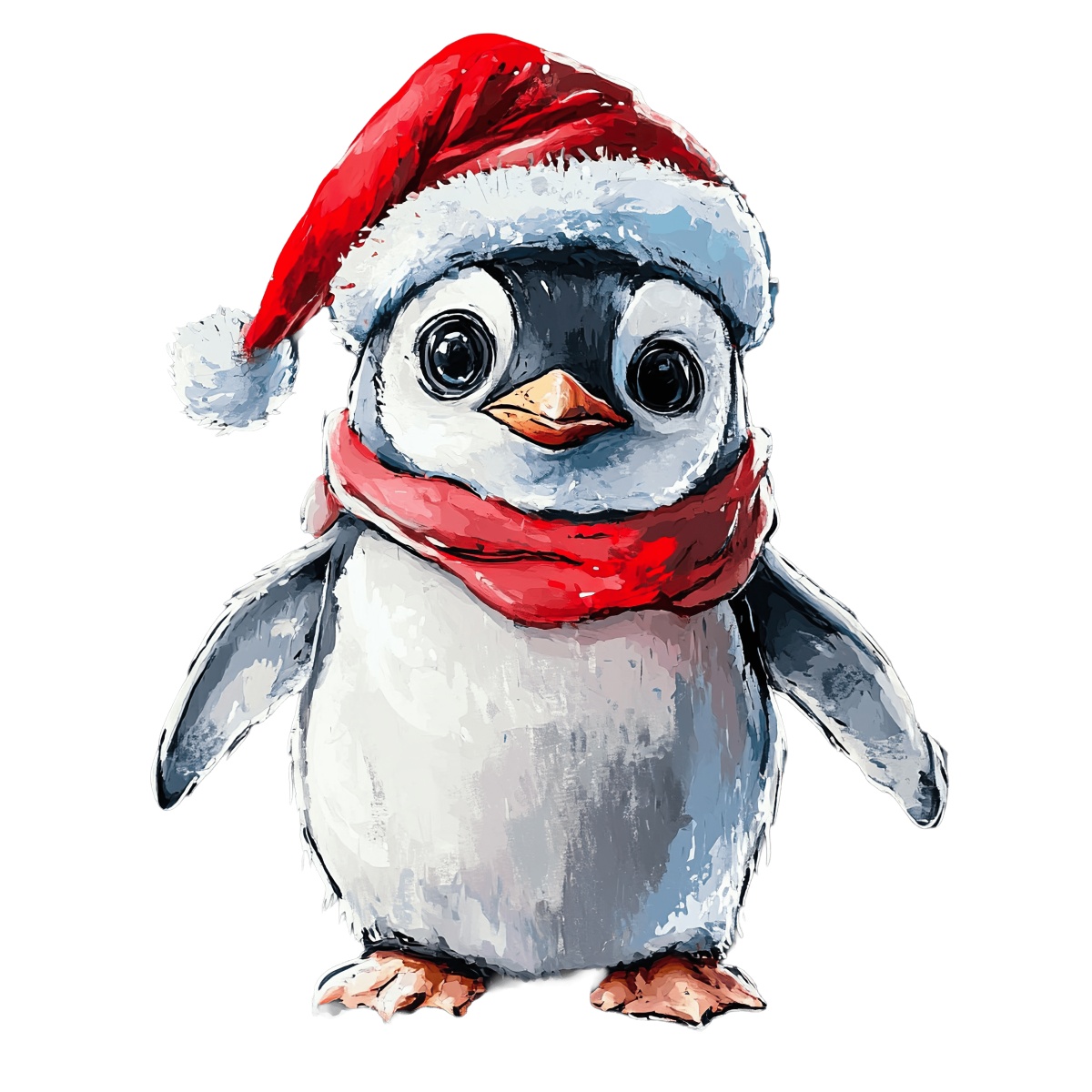 Penguin with a Santa hat and red scarf on a black background.