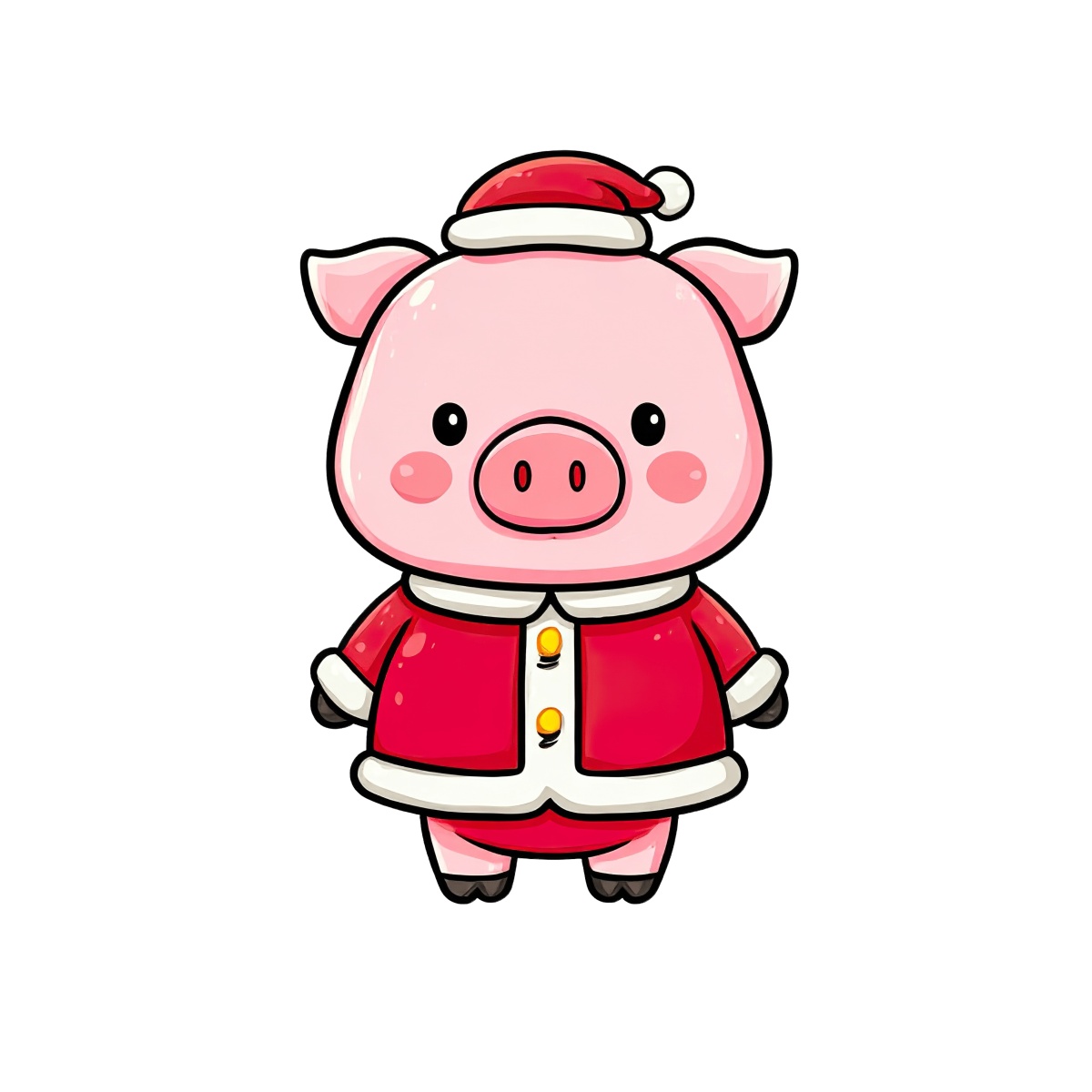 Pig wearing Santa outfit and hat, red and pink colors, cartoon style.