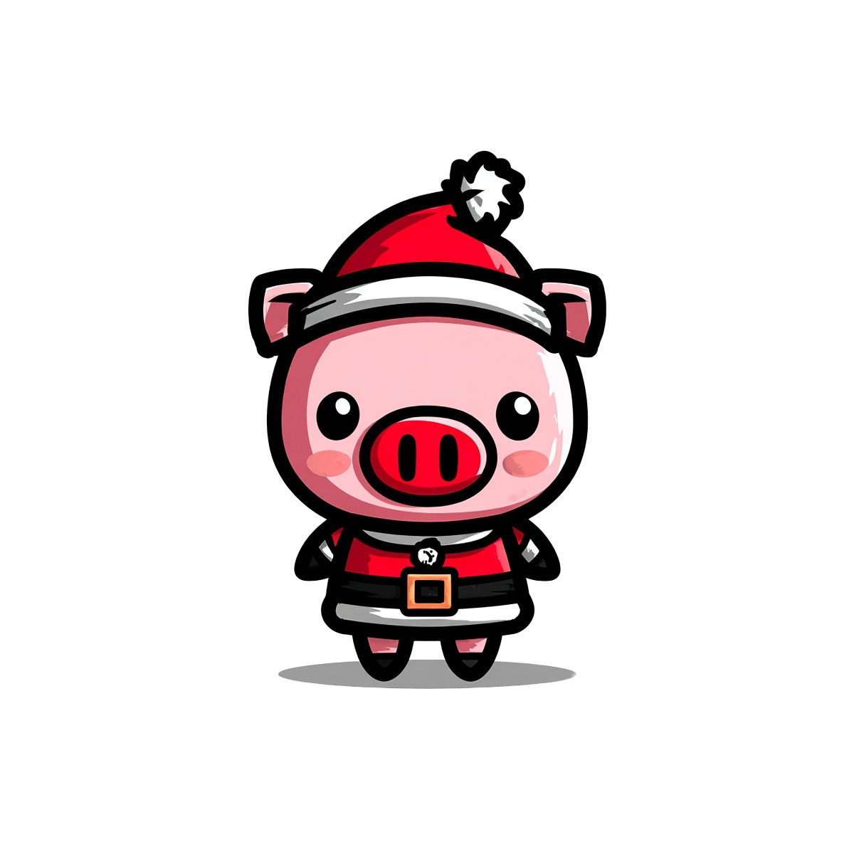 Pig dressed in a red Santa suit with hat and belt.