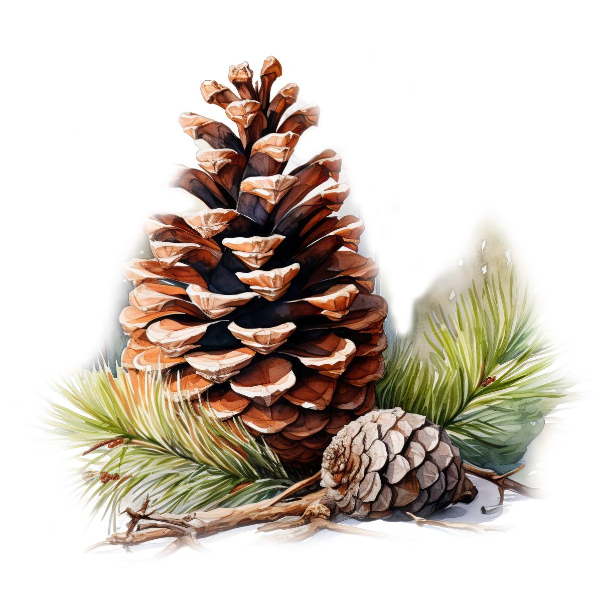 Illustration of pine cones with green needles and branches on a transparent background.