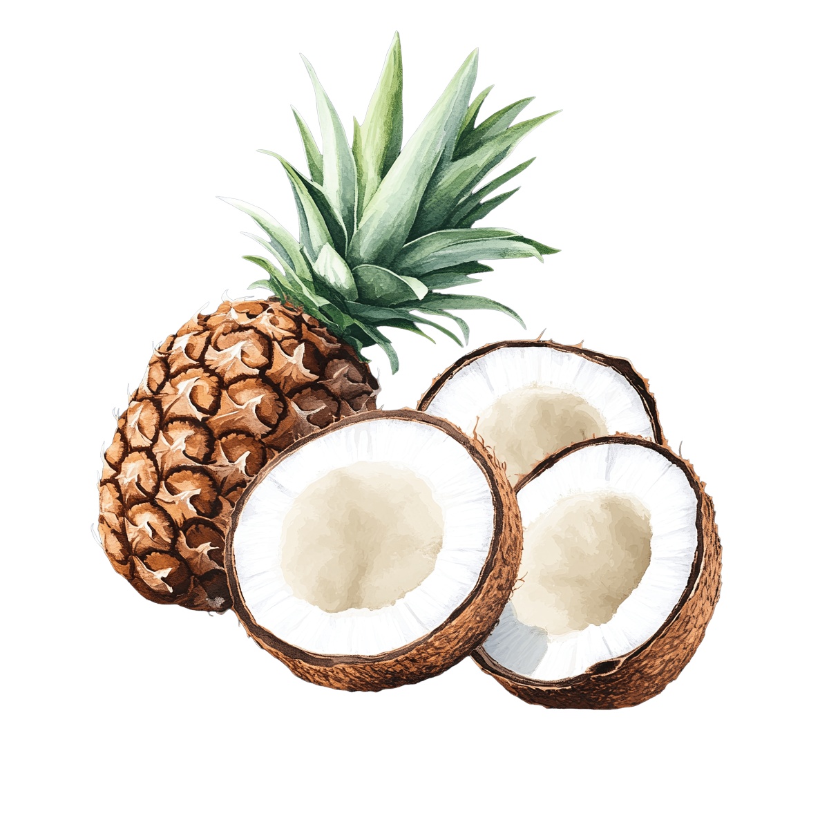 Pineapple and halved coconuts displayed together on a plain background.