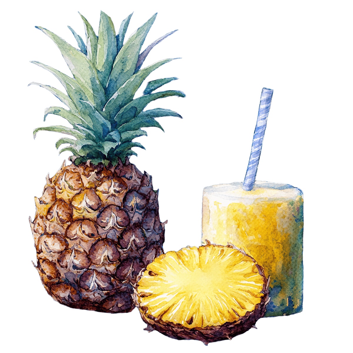 Pineapple with a glass of juice and a sliced piece in watercolor style.